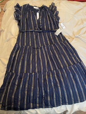 Adelyn Rae Navy Maxi Dress with Gold and Light Blue Stripes